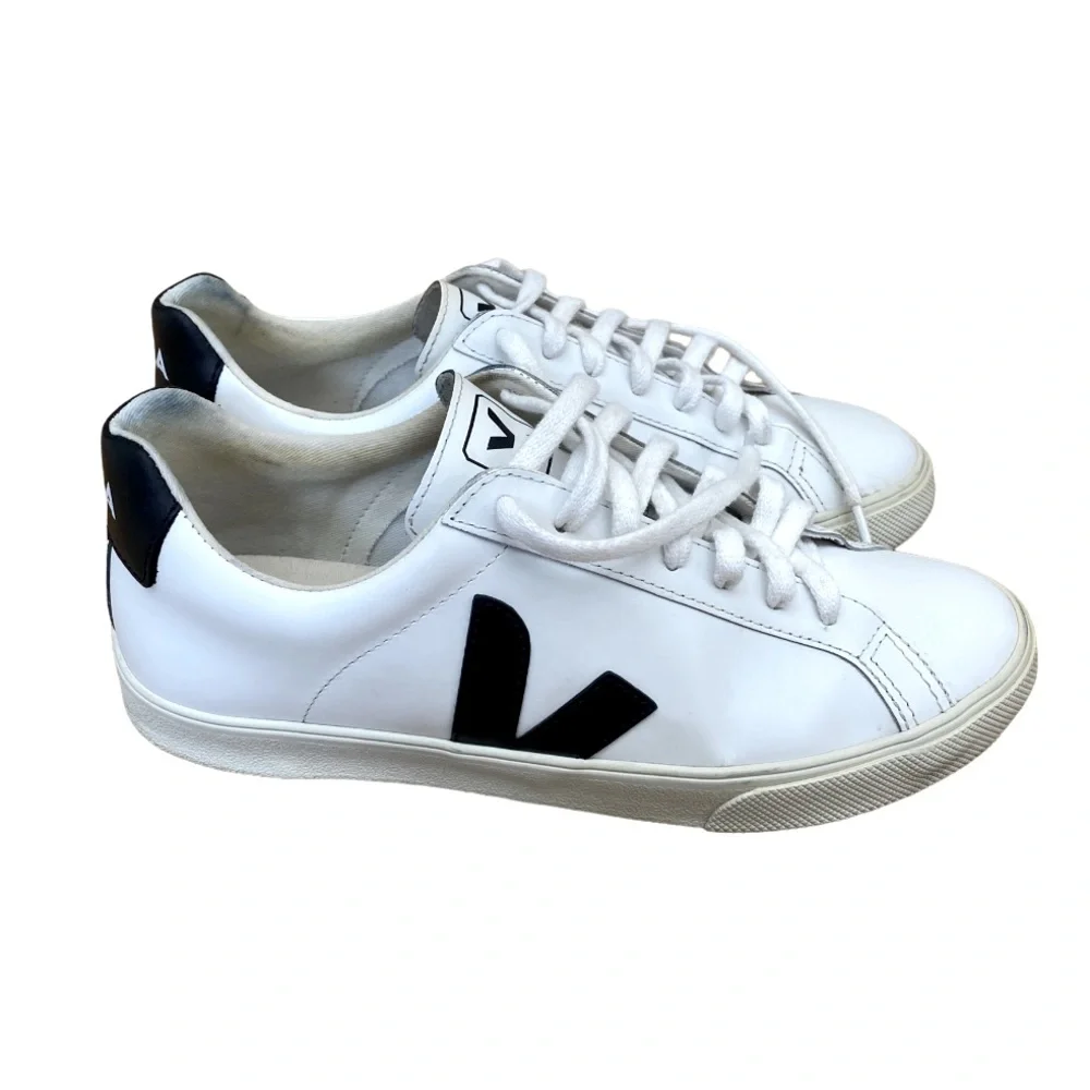 Veja White Leather Sneakers with Black V Accents
